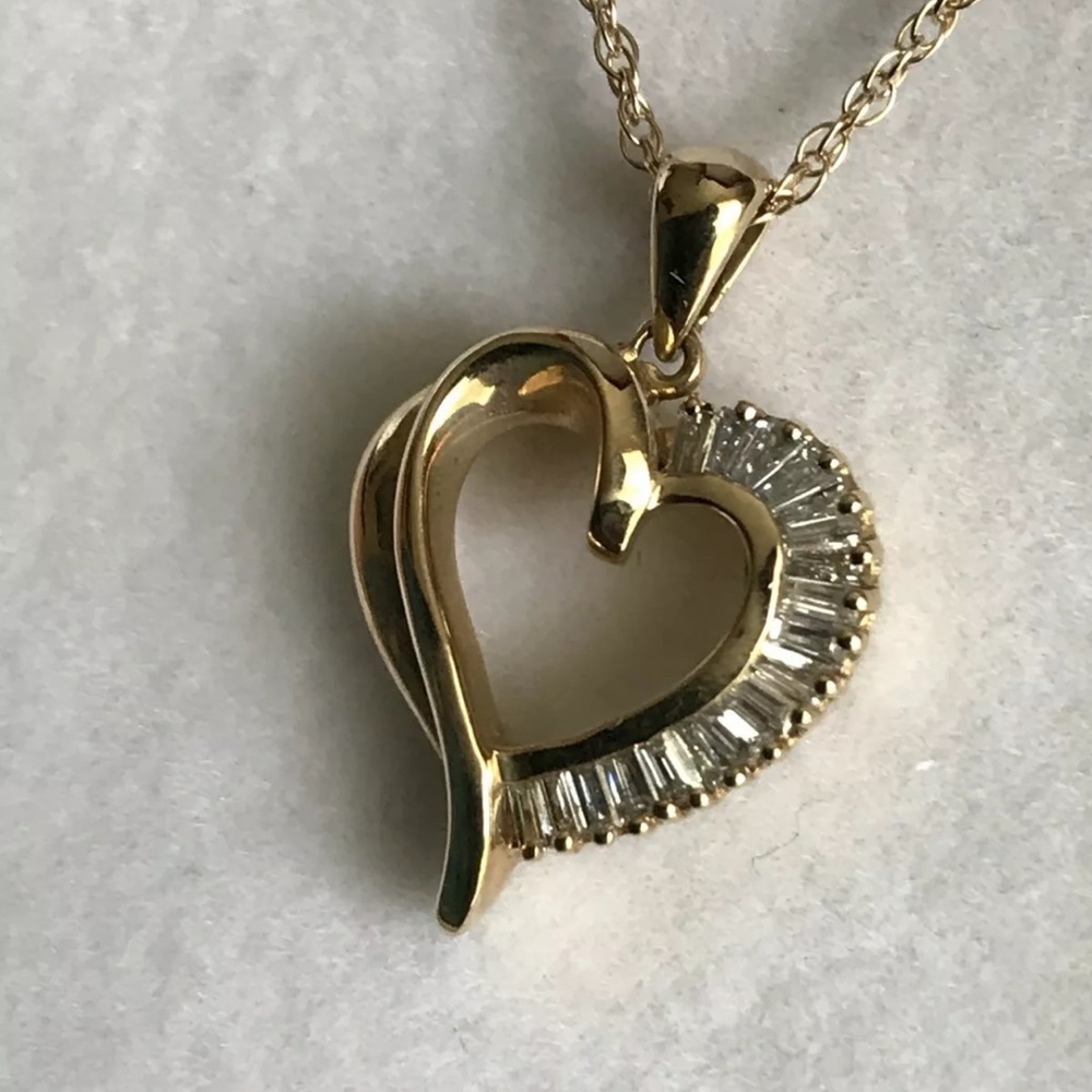 14K Yellow Gold Baguette Diamond Open Heart Necklace